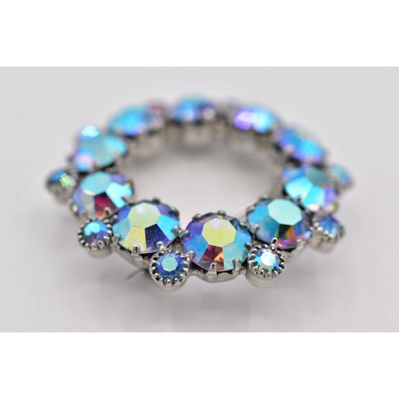 Vintage Crystal Pin Brooch Prong Rhinestone AB Blue Retro Round 1950s Glam BinBP - Picture 7 of 12